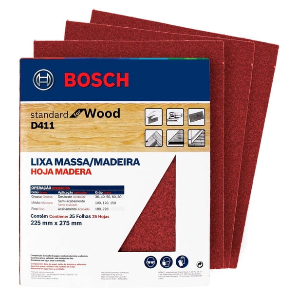 Set 25 Pliego Lija Madera 225x275Mm Grano 100 Bosch D411 rojo 28x23x2