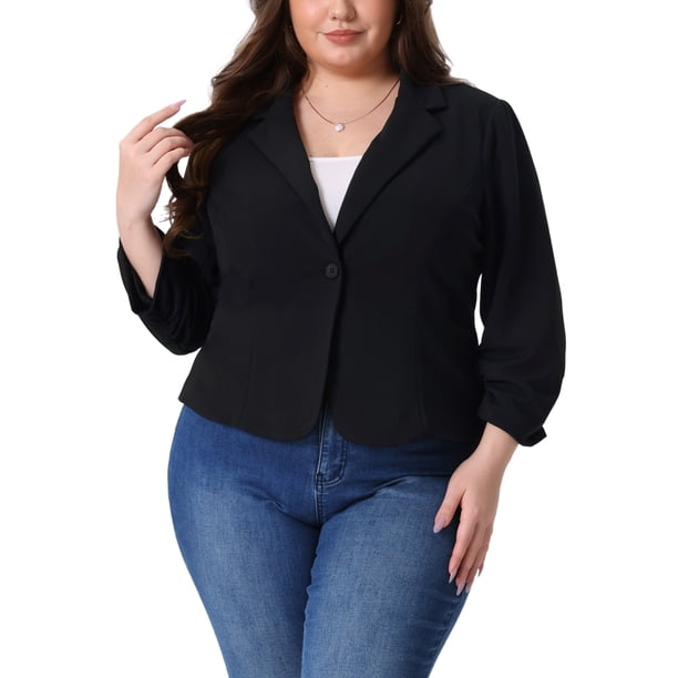 Agnes Orinda Blazers de Cultivo para Mujeres de Talla Grande para Escuela y Universidad, Mangas 3/4 Fruncidas, Solapa de Muesca, Botón Abajo, Traje de Negocios Casual 3X Negro