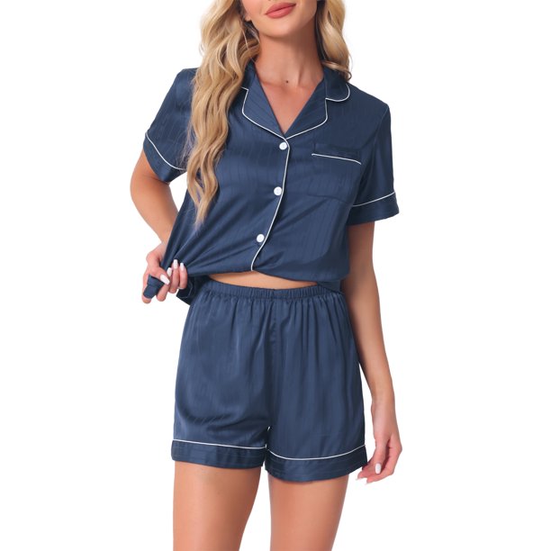 INSPIRE CHIC Conjunto de pijama de manga corta para mujer con ribete en contraste Vuelta al cole Conjunto de pijama suave con botones y cuello con muesca para primavera verano XS Azul oscuro