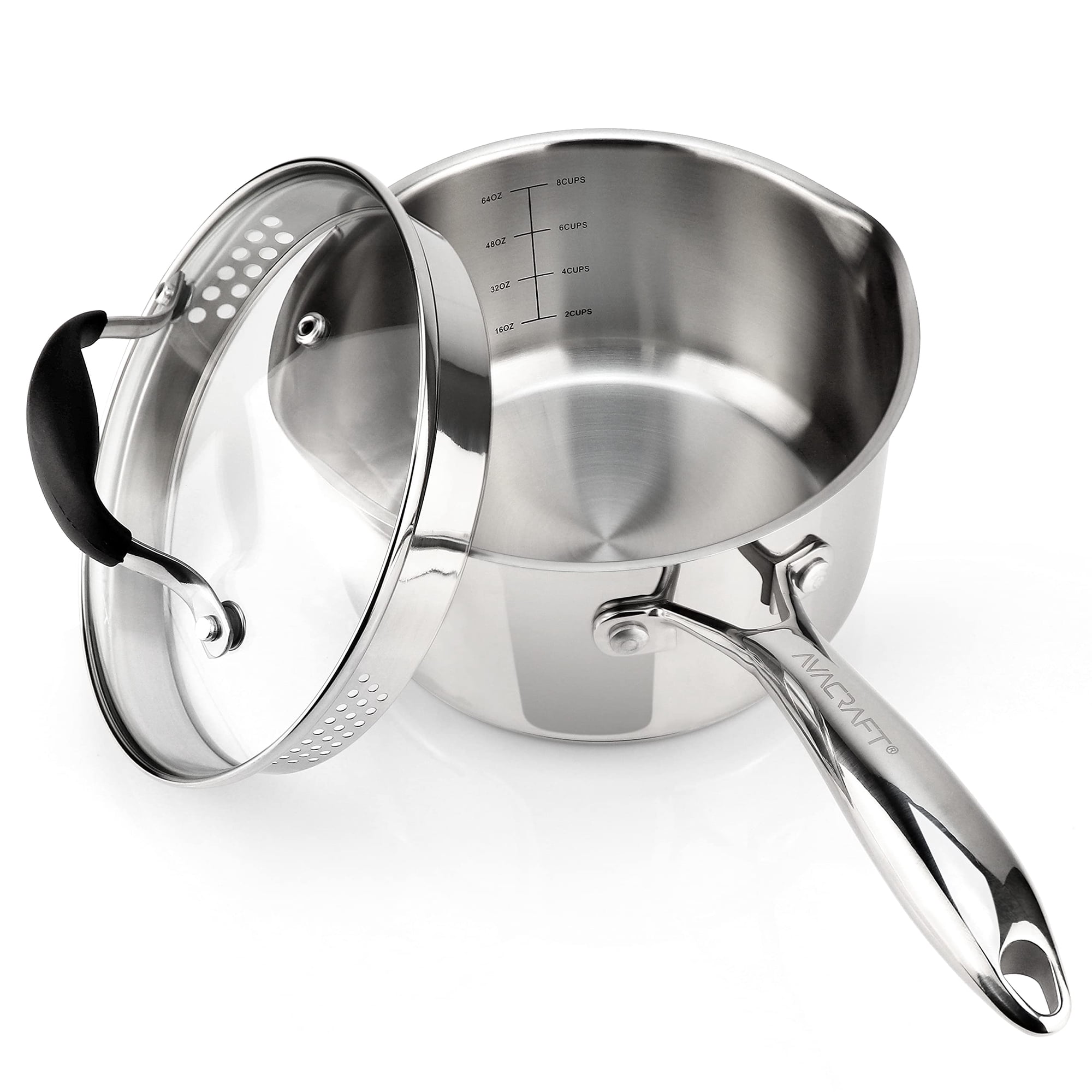 Cacerola Avacraft De Acero Inoxidable De 2,5 L Con Colador Con Tapa De Cristal