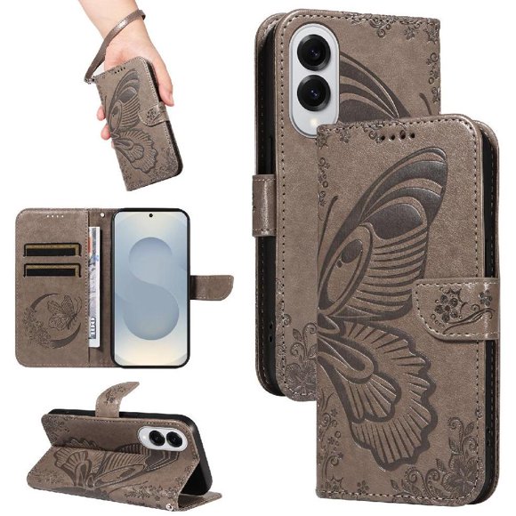 Funda tipo cartera para Samsung Galaxy S25 Edge con mariposa en relieve, correa y soporte Gris