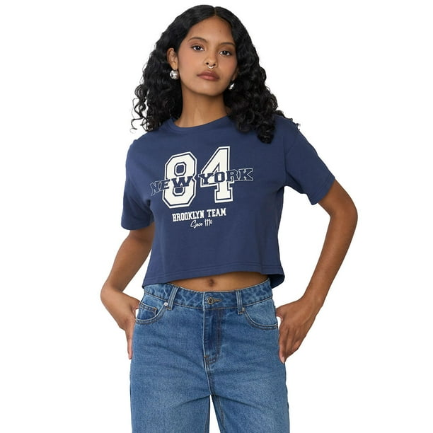 Polera Mujer Fun Manca Corta Crop Azul Marino Corona