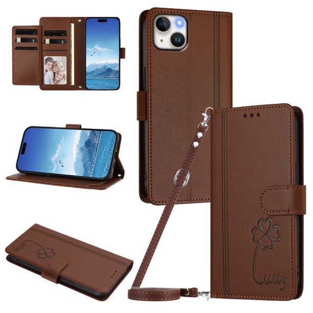 Funda Cartera Trébol para iPhone 15 Plus con Ranuras Tarjetas y Carga Inalámbrica Marrón