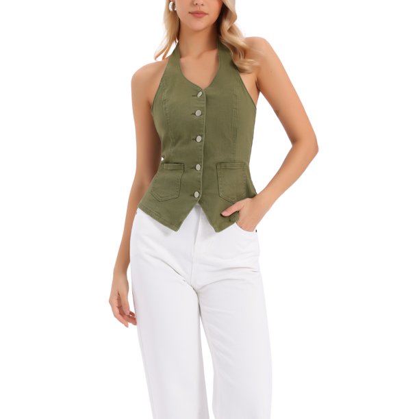 INSPIRE CHIC Chaleco de Mezclilla para Mujer de Regreso a Clases Cuello Halter Abotonado Sin Espalda Chaleco de Jean XL Verde Militar