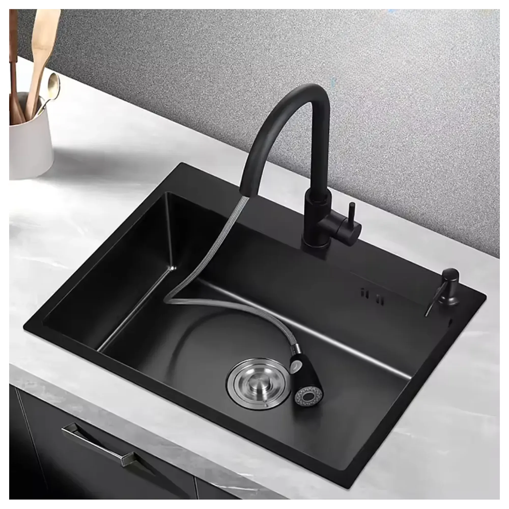 Modern Space - Lavaplatos 60x45 Cm Deluxe Acero Inoxidable Color Negro 2mm Espesor Con Rejilla Escurridora, Dispensador De Jabón Y Griferia Extraible