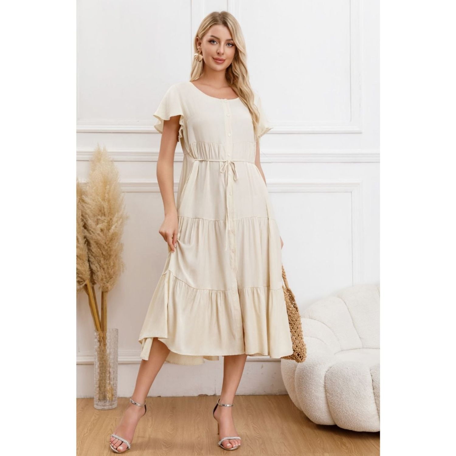 Likeshop - Vestido Largo Mujer Primavera Casual Manga Corta Escalonado 329