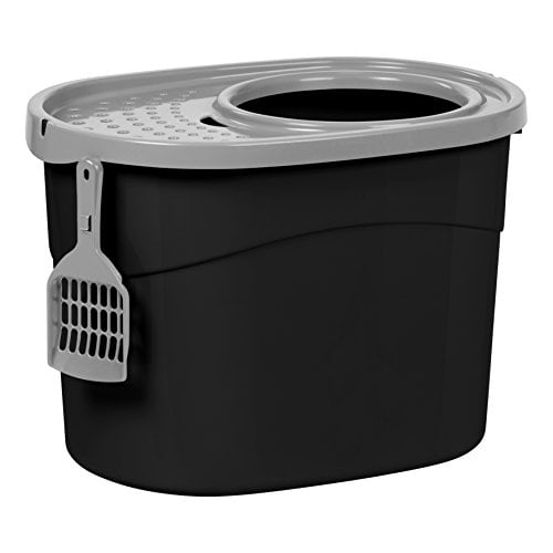 Caja de arena para gatos IRIS USA, grande, simple, redonda, con entrada superior negra y G