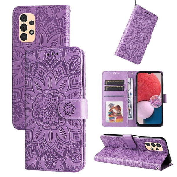 Funda tipo cartera FOXDOCK para Samsung Galaxy A13 4G , diseño girasol en relieve, cuero PU, cierre magnético, soporte y tarjetero