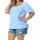 thumbnail image 4 of Agnes Orinda Blusas de verano de los años 50 para mujer de talla grande con estampado de cuadros de colegio, escote corazón, manga corta abullonada y botones decorativos, talla 4X, azul, 4 of 6