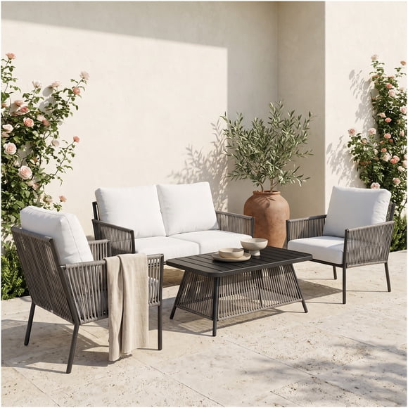 Juego De Terraza Leonora 4 Piezas Sofá 2 Sillones Mesa Ratán