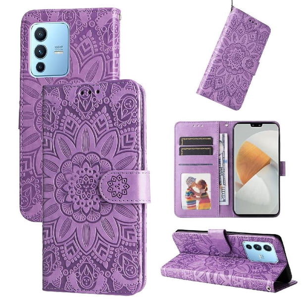 Funda tipo cartera FOXDOCK para Vivo V23 Pro , diseño girasol en relieve, cuero PU, cierre magnético, soporte y tarjetero