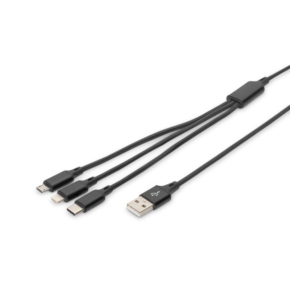 Cable USB DIGITUS 1,0 m USB‑A a Lightning/Micro/USB‑C negro