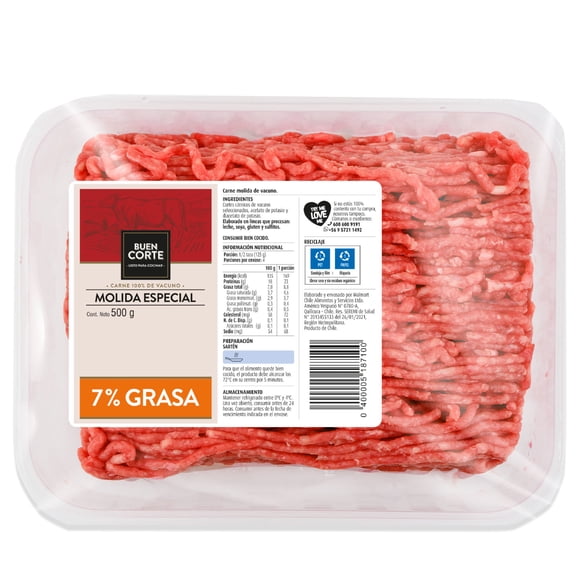 Carne Molida de Vacuno 7% Grasa Bandeja, 500 gr