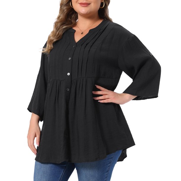 GRACE & GRANDEUR Camisas de Mujer Talla Grande para Escuela y Universidad con Botones, Blusa Texturizada con Cuello en V y Pliegues, Manga 3/4, Elegante y Casual, Talla 1X, Color Negro