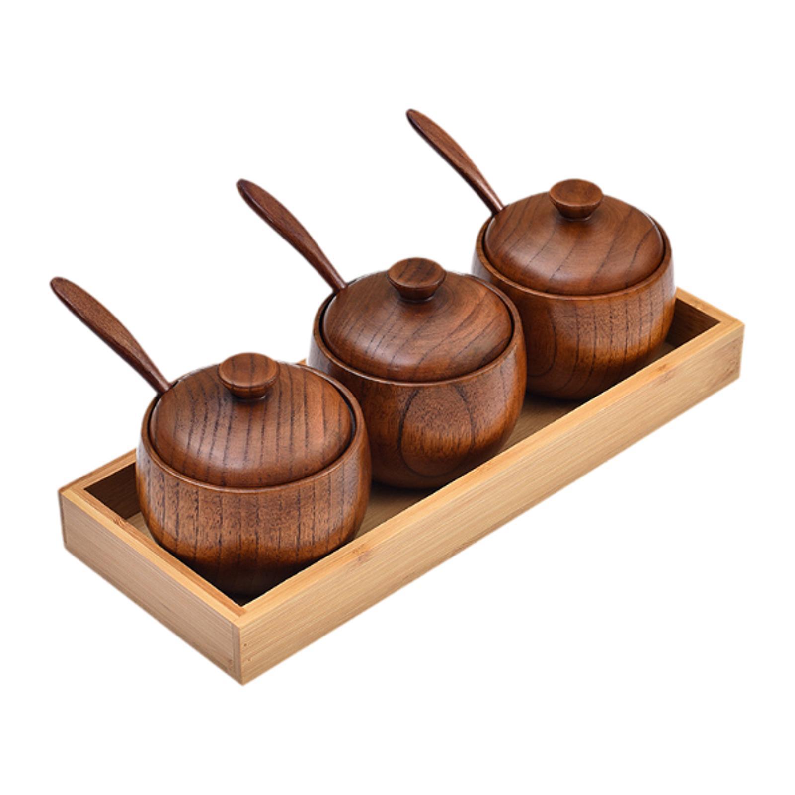 Magideal - Tarro De Madera Para Especias, Bote De Cocina, Organizador Retro, Caja De Condimentos Multifuncional Con Tapa, Azucarero Para Barra De Café, Azúcar Y Tres Frascos Con Bandeja