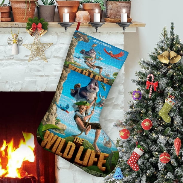 La Vida Salvaje Tema: Calcetines de Navidad, fino lino blanco para colgar en escaleras y chimenea, decoración navideña para el hogar, regalo de Navidad.54cm×38cm