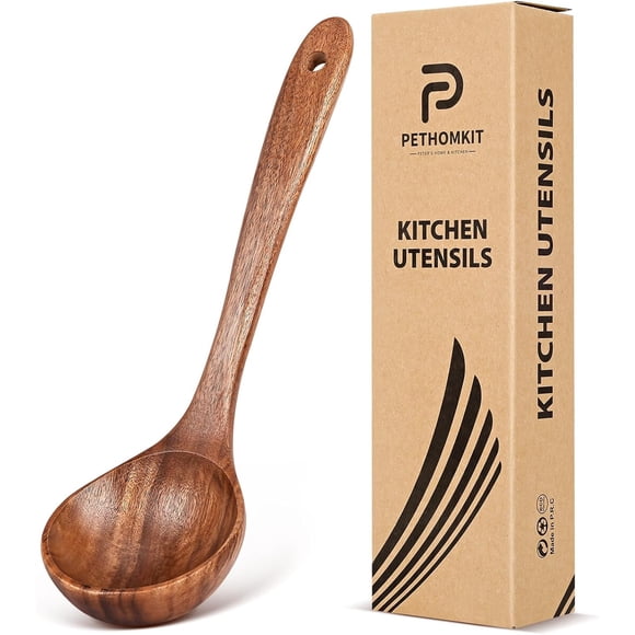 Cucharón de madera de teca para cocinar y servir, 10,6 pulgadas