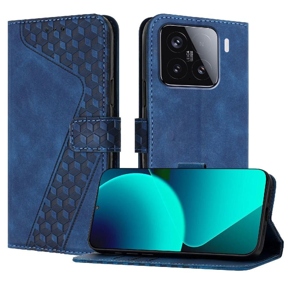 Foxdock - Funda Tipo Cartera Para Xiaomi 15 Con Tarjetero, Bolsillo Para Billetes, Soporte, Cierre Magnético Y Correa Para La Muñeca, Funda Tipo Folio Con Textura Geométrica Azul