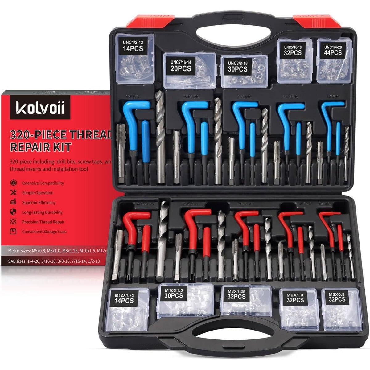 Kit Reparación Roscas Kolvoii 320pzs Métrico Sae Completo