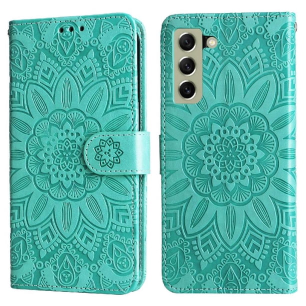 Funda tipo cartera FOXDOCK para Samsung Galaxy S21 FE , diseño girasol en relieve, cuero PU, cierre magnético, soporte y tarjetero