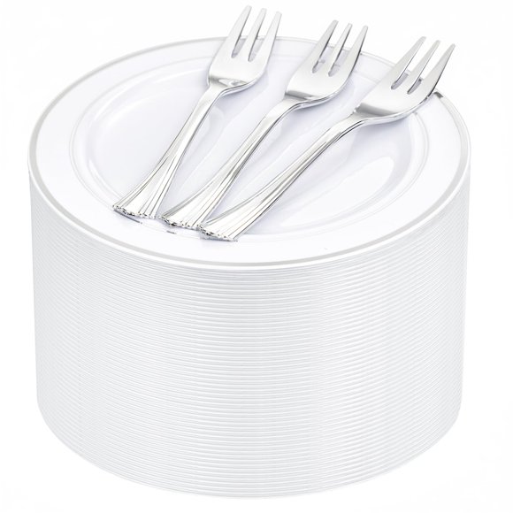 Juego de platos de postre WELLIFE de plástico plateado, 240 piezas con tenedores