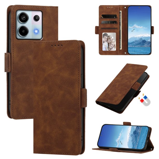 Funda Billetera Delgada para Xiaomi Redmi Note 13 Pro 5G con Ranuras y Soporte Marrón