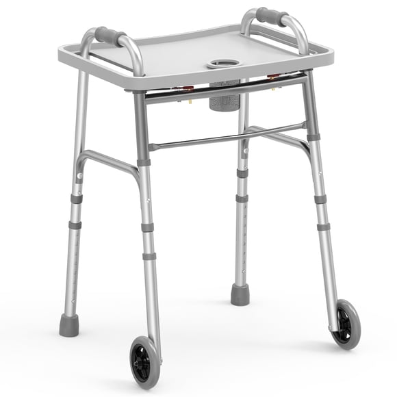 Andador plegable Loyoda con bandeja, ruedas de 5 pulgadas, andadores ligeros para personas mayores y adultos, soporta hasta 350 libras, altura ajustable, andador estándar compacto, plateado