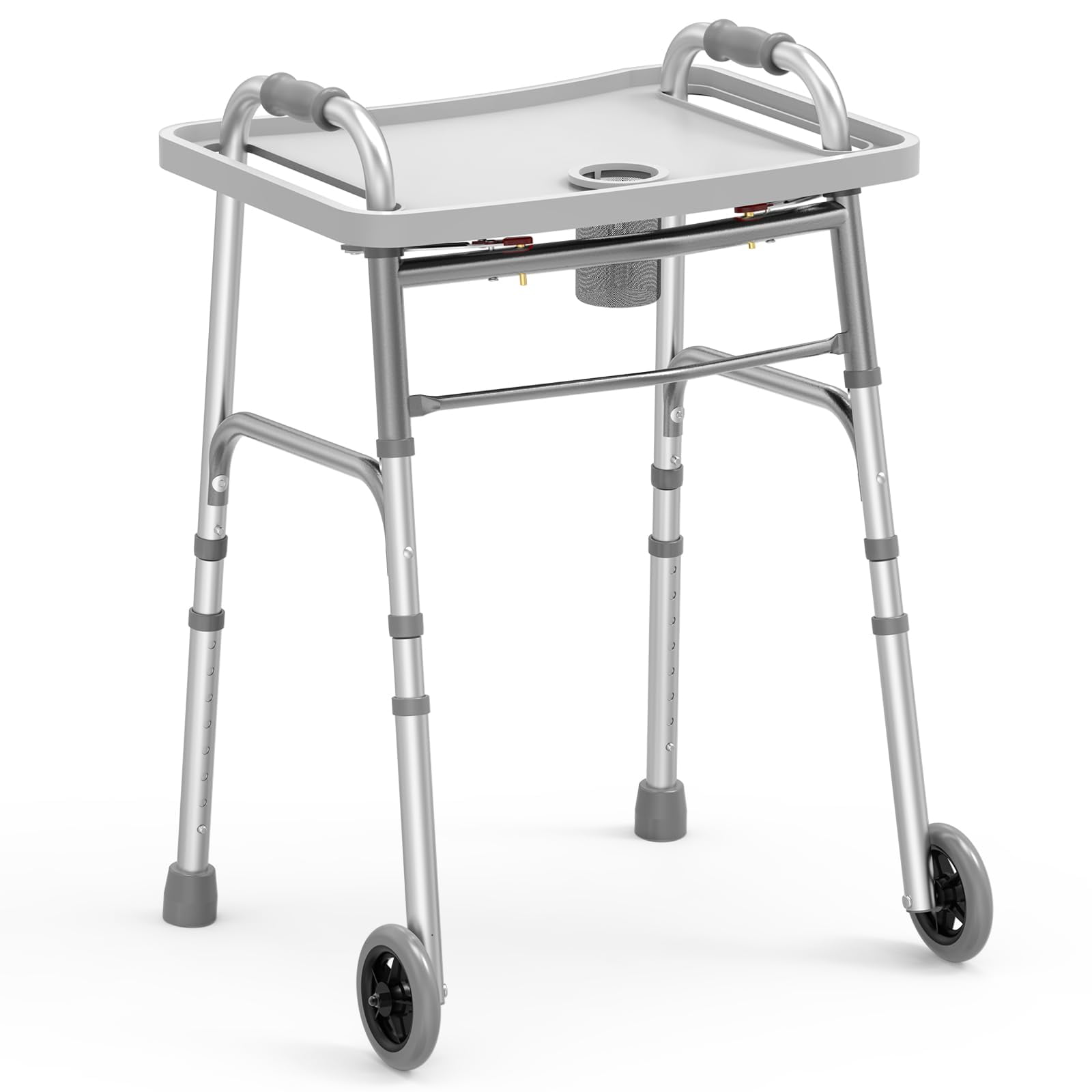 Andador Plegable Loyoda Con Bandeja, Ruedas De 5 Pulgadas, Andadores Ligeros Para Personas Mayores Y Adultos, Soporta Hasta 350 Libras, Altura Ajustable, Andador Estándar Compacto, Plateado