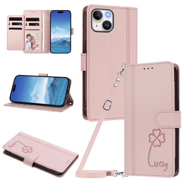 Funda Cartera Trébol para iPhone 13/iPhone 14 con Ranuras Tarjetas y Carga Inalámbrica Rosa