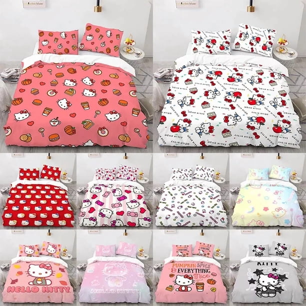 Kawaii Cute Hello Kitty Duvet Cover Cartoon Children Bedding Set Bedroom Decoration Kitty Cat Pillow for Kids Teens Gifts