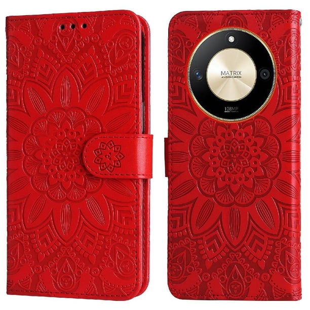 Funda tipo cartera FOXDOCK para Honor X50 Pro , diseño girasol en relieve, cuero PU, cierre magnético, soporte y tarjetero