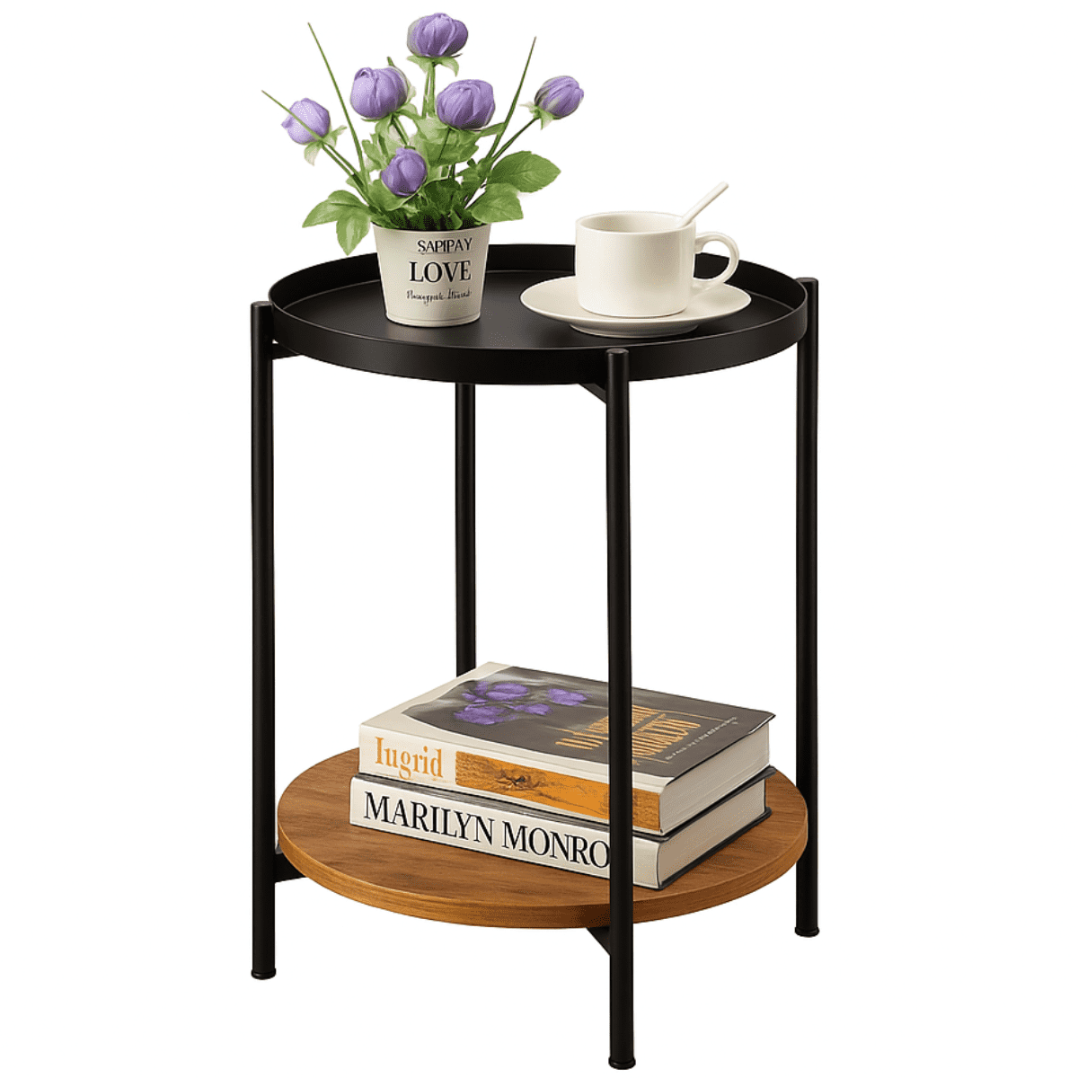 Moboi - Mesa Lateral Auxiliar 2 Niveles Madera 42x42x52cm Negro