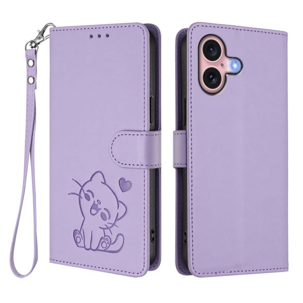 Funda Volteable con Diseño de Gato para iPhone 16, Lila Claro