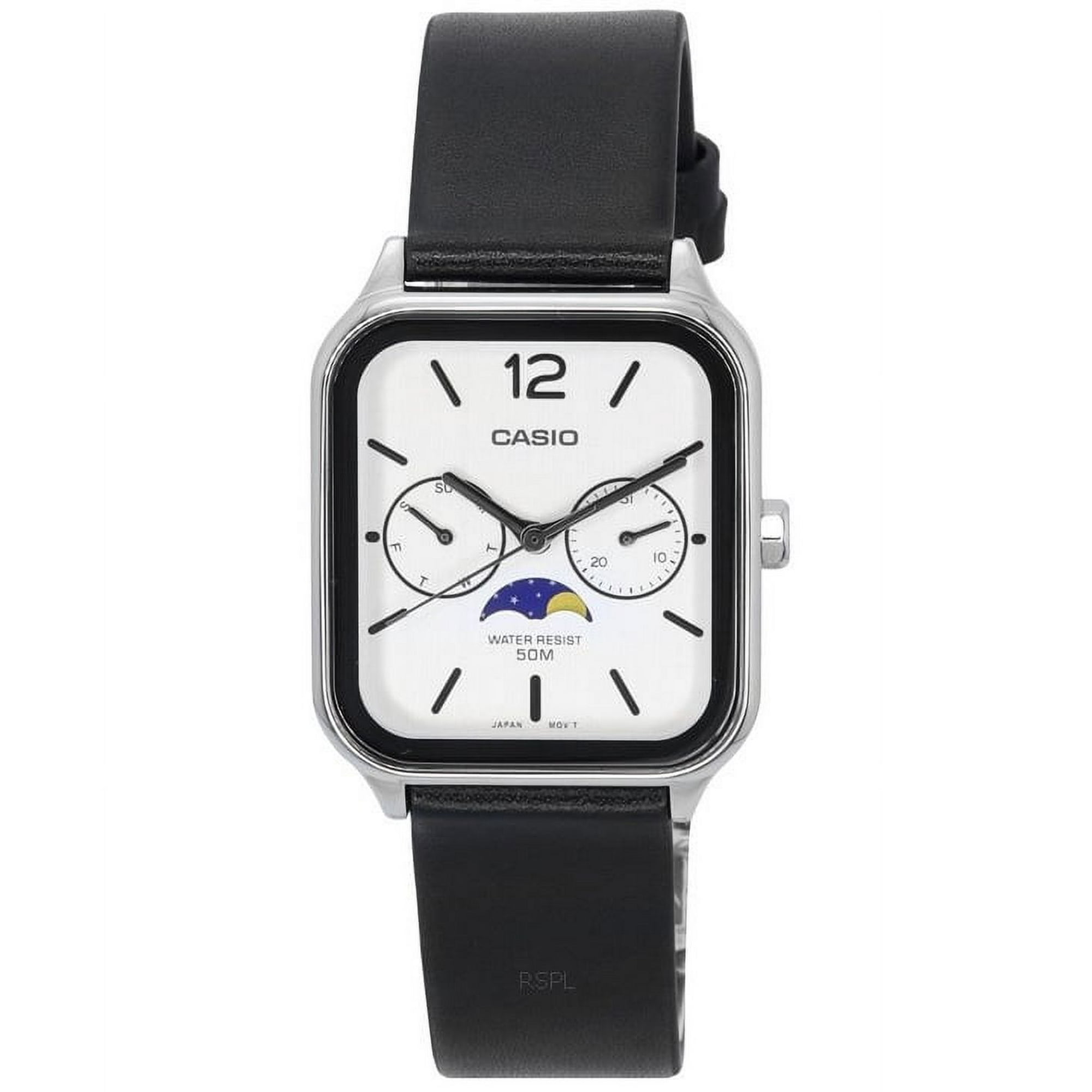 Casio - Reloj Standard Análogo Fase Lunar Correa De Cuero Esfera Blanca Cuarzo Mtp-m305l-7a Para Hombre
