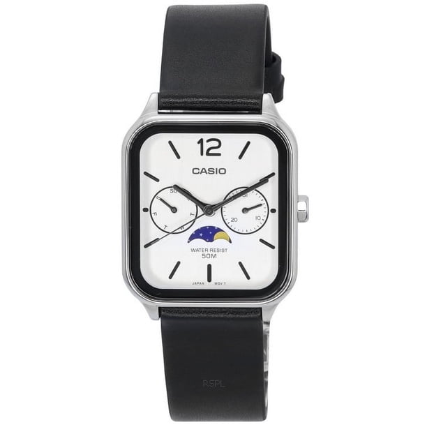 Reloj Standard Análogo Fase Lunar Correa De Cuero Esfera Blanca Cuarzo Mtp-m305l-7a Para Hombre 