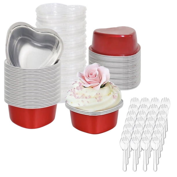 50 moldes para pastel en forma de corazón de 100 ml (3,4 oz), con tapa para San Valentín, de aluminio (rojo), reutilizables para el Día de la Madre, bodas y cumpleaños.