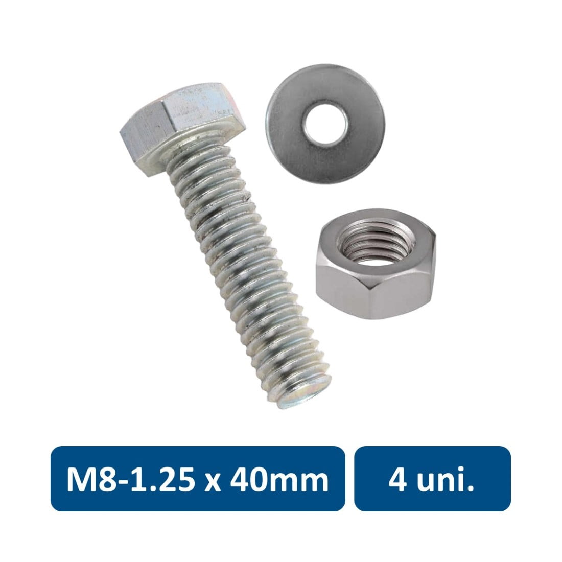 Rukafe Basics - Set De Perno Hexagonal, Tuerca Y Golilla Metrico M8-1.25 X 40mm 4un.