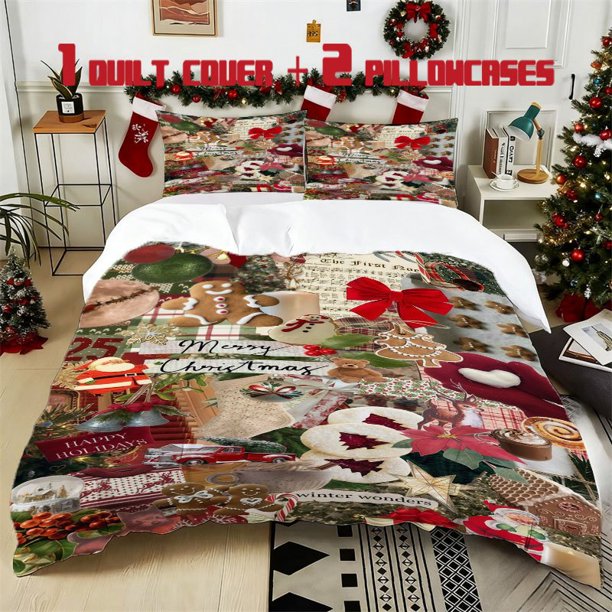 3pcs Christmas Season Printed Bedding Set Soft Polyester Duvet Cover with 2 Pillowcases All Season Comfort