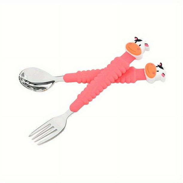 1pc 304 Stainless Steel Kids Fork Spoon Set Cartoon Long Handle Fork Spoon Cute Silicone Kitchen Dining Children's Day Gift Christmas Gift