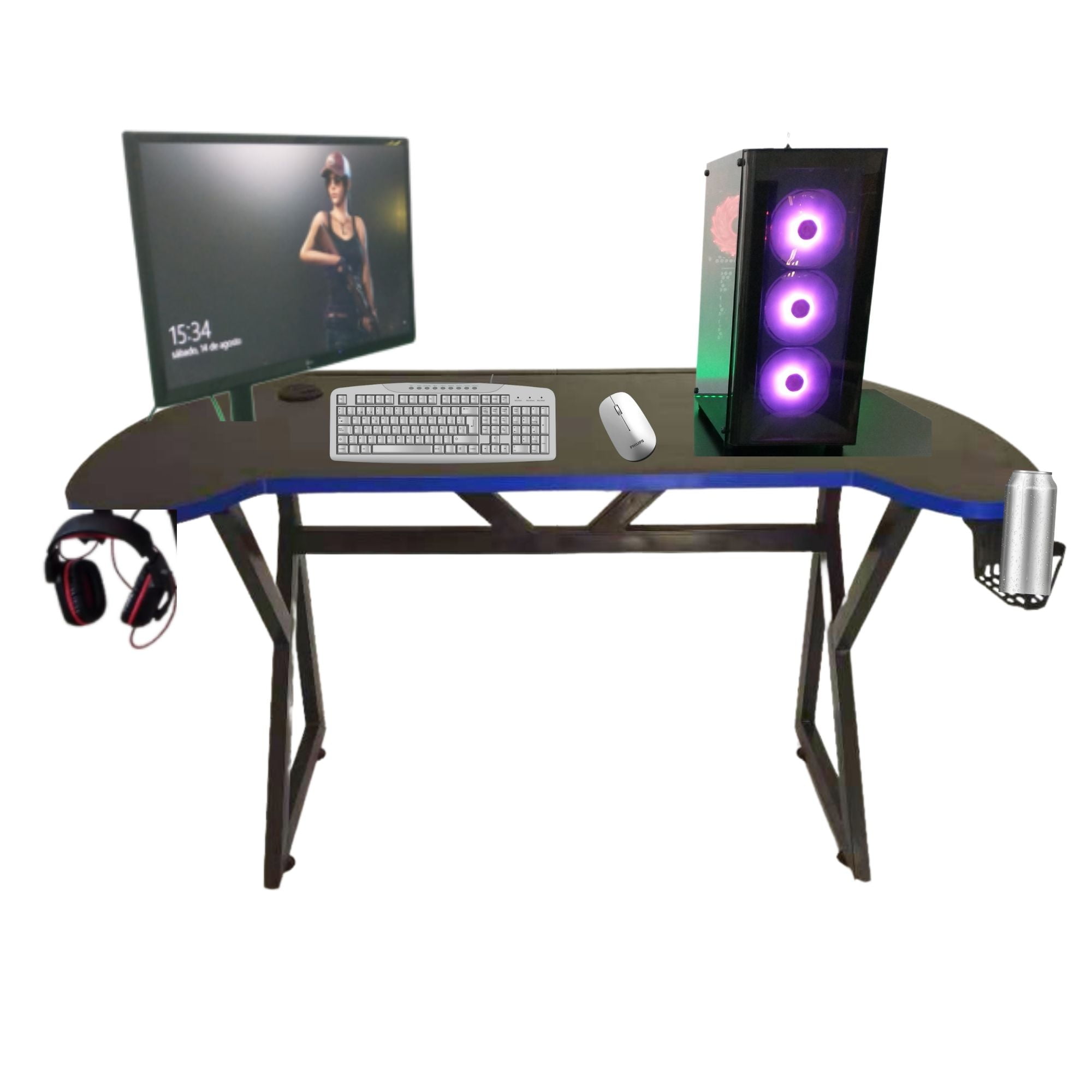Velazio - Escritorio Gamer U 140 Cm Con Luces Led Azul