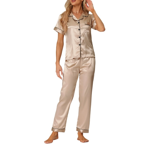 INSPIRE CHIC Conjunto de Pijama de Satén para Mujer de Manga Corta con Botones, Detalle de Ribete y Cintura Elástica, Conjunto de Descanso S Champán