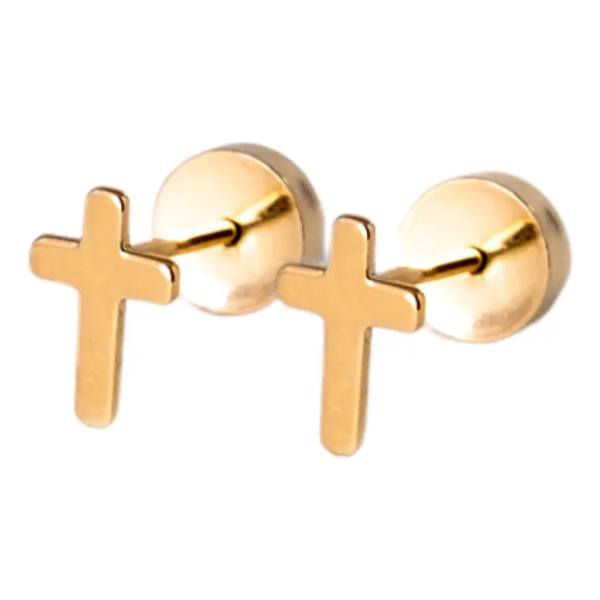 Jireh Joyas - Aros Abridores Cruz 7mm Oro 18k A Presión Bebé Niña Dorado
