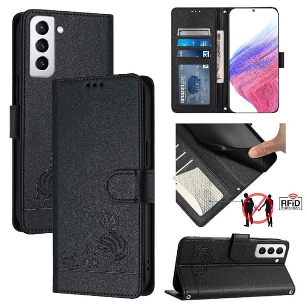 Funda tipo cartera FOXDOCK para Samsung Galaxy S21 FE con soporte, ranuras, RFID, diseño de gato