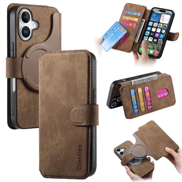 Funda Billetera Magnética para iPhone 17 Soporte Tarjetas Desmontable Marrón