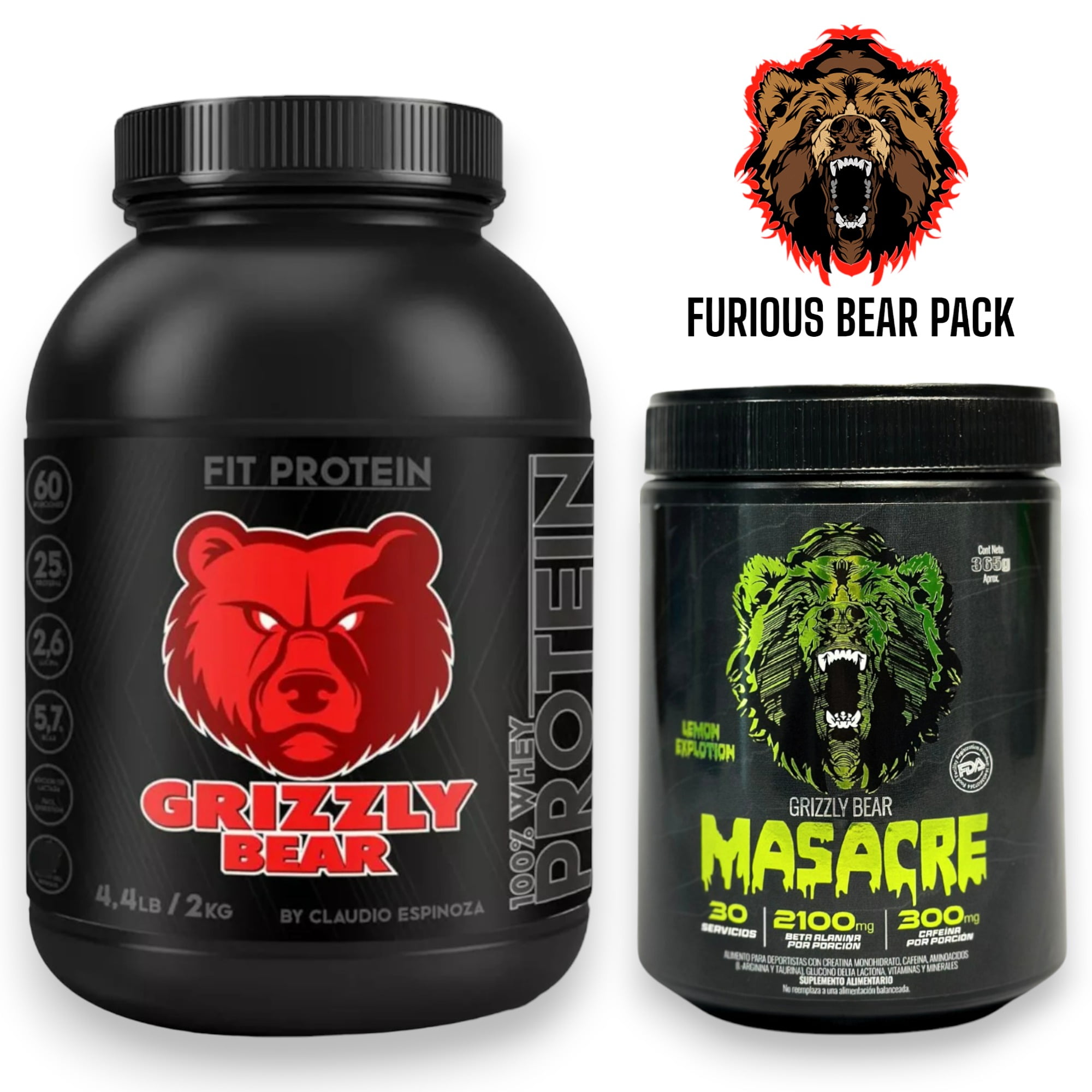 Grizzly Bear - Pack Proteina Whey 2kg Chocolate + Pre Entreno Masacre - 365gr Lemon Explotion