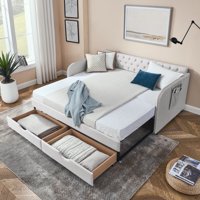 M&Ms - Twin Size Upholstery Daybed With Trundle Bed And Two Storage Drawers , Flat Arms With Pocket, Extendable Daybed For Bedroom Living Room,Linen Beige