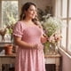 thumbnail image 2 of GRACIA Y GRANDEZA Vestido Midi Floral para Mujer Tallas Grandes Cuello Cuadrado Cuerpo Fruncido con Volantes Vestidos Línea A 3X Rosa Blanco, 2 of 7