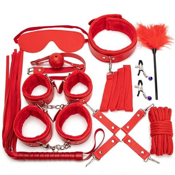 10pcs/set Men's Sexy Restraints Bondage Props, Plush Adjustable Handcuffs Shackles Collar, Whip, Eye Mask, Nipple Clips, Rope, Feather Tickler, Sex Toys, SM Tools, Sex Accessories, Couple Gift