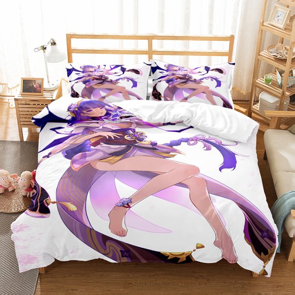 v1722 Bed Sheets Genshin Impact Raiden Shogun Pillowcase Bedding Bag Cartoon Pcs Set Anime Customize Bedding Decoration Cute Quilt Cover 3-Piece Bedding Set (1 Duvet Cover + 2 Pillow Shams) Bed Sheet