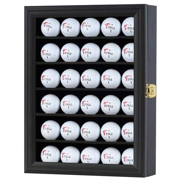 Estuche de exhibición de bolas de golf DisplayGifts para 30 bolas, vitrina de memorabilia para golfistas, regalo ideal para entusiastas del golf, montaje en pared con puerta con cerradura (negro)